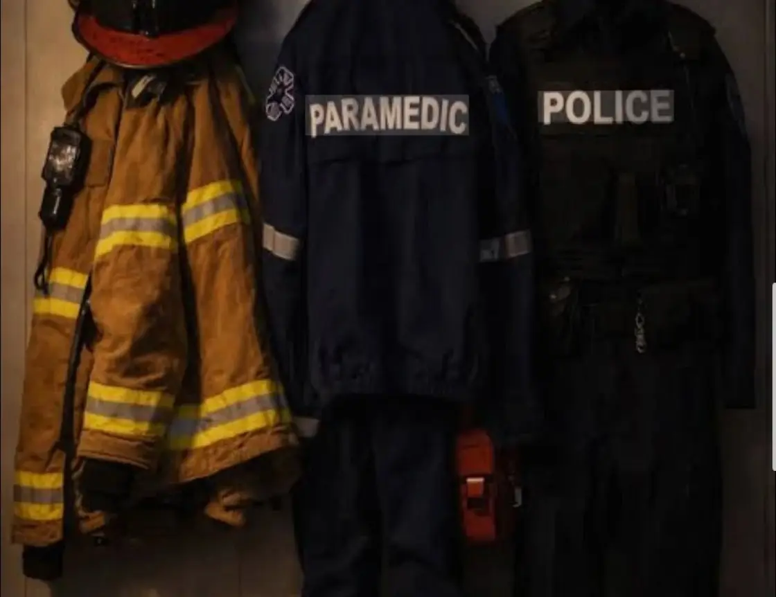 A firefighter's helmet and turnout coat, a paramedic jacket and a police uniform hanging side by side on a wall